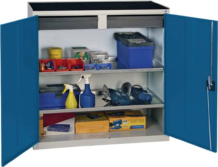 Werkzeug-/Beistellschrank H1000xB1000xT500mm 2Schubl.,2Bd.lichtgrau/enzianblau