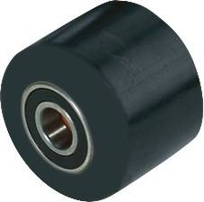 Ein schwarzer zylindrischer Roller mit einem zentralen Metalllager, der als Komponente in Maschinen oder Förderanlagen verwendet wird.