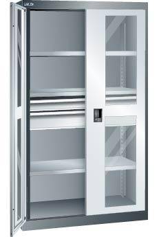 Flügeltürenschrank B1100xT641xH1950mm RAL 5012,Sichtfenstertür 3 Böden,2 Schubladen - Artikel: 7830933205