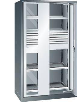 Einschwenktürenschrank B1100xT641xH1950mm RAL 7035,Sichtfenstertür 4 Böden,3 Schubladen - Artikel: 7830933216