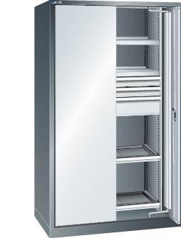 Einschwenktürenschrank B1100xT641xH1950mm RAL 5012,Vollblechtür 4 Böden,3 Schubladen - Artikel: 7830933215