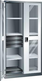 Flügeltürenschrank B1000xT580xH1950mm RAL 5012,Sichtfenstertür 8 Böden,6Schubladen - Artikel: 7830933183