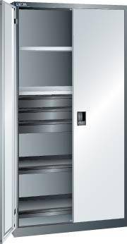 Flügeltürenschrank B1000xT580xH1950mm RAL 7035,Sichtfenstertür 4 Böden,3Schubladen - Artikel: 7830933170
