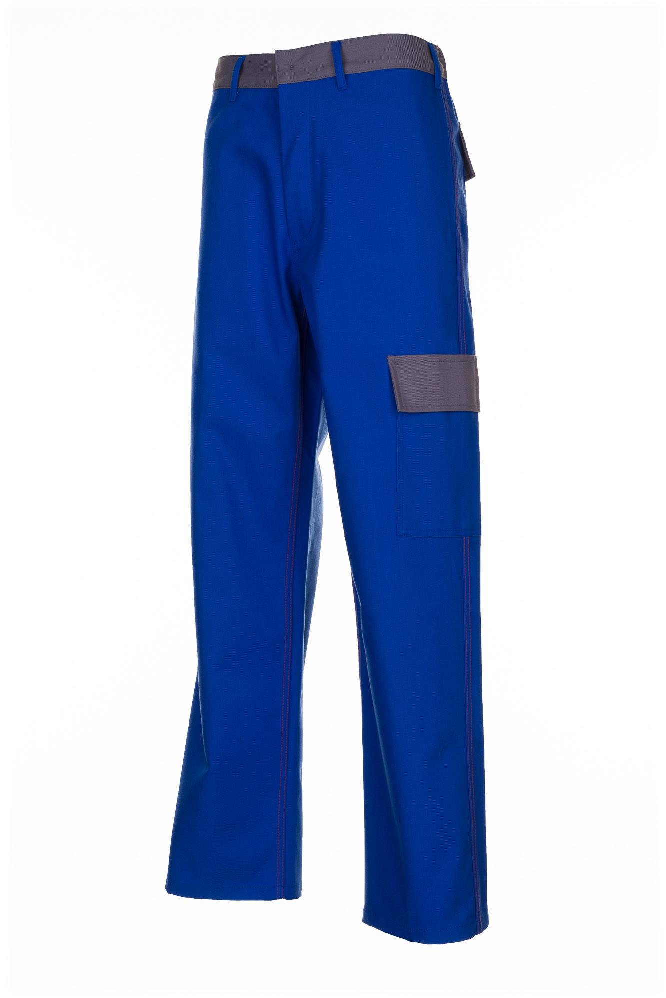 Blaue Arbeitshosen mit grauem Bund und Oberschenkeltasche auf weißem Hintergrund.