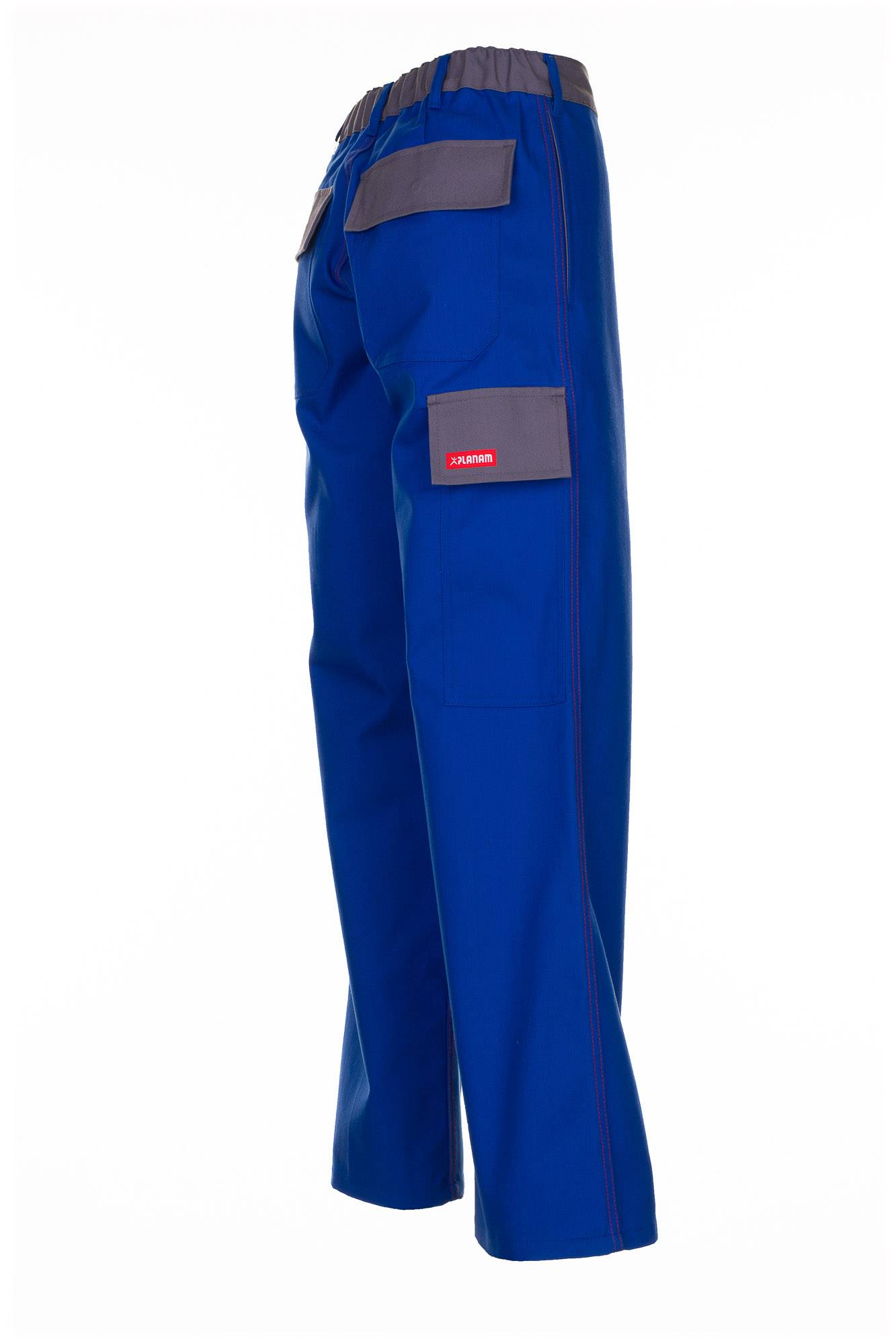 Blaue Arbeitshosen mit grauen Cargotaschen und einem elastischen Bund auf weißem Hintergrund.