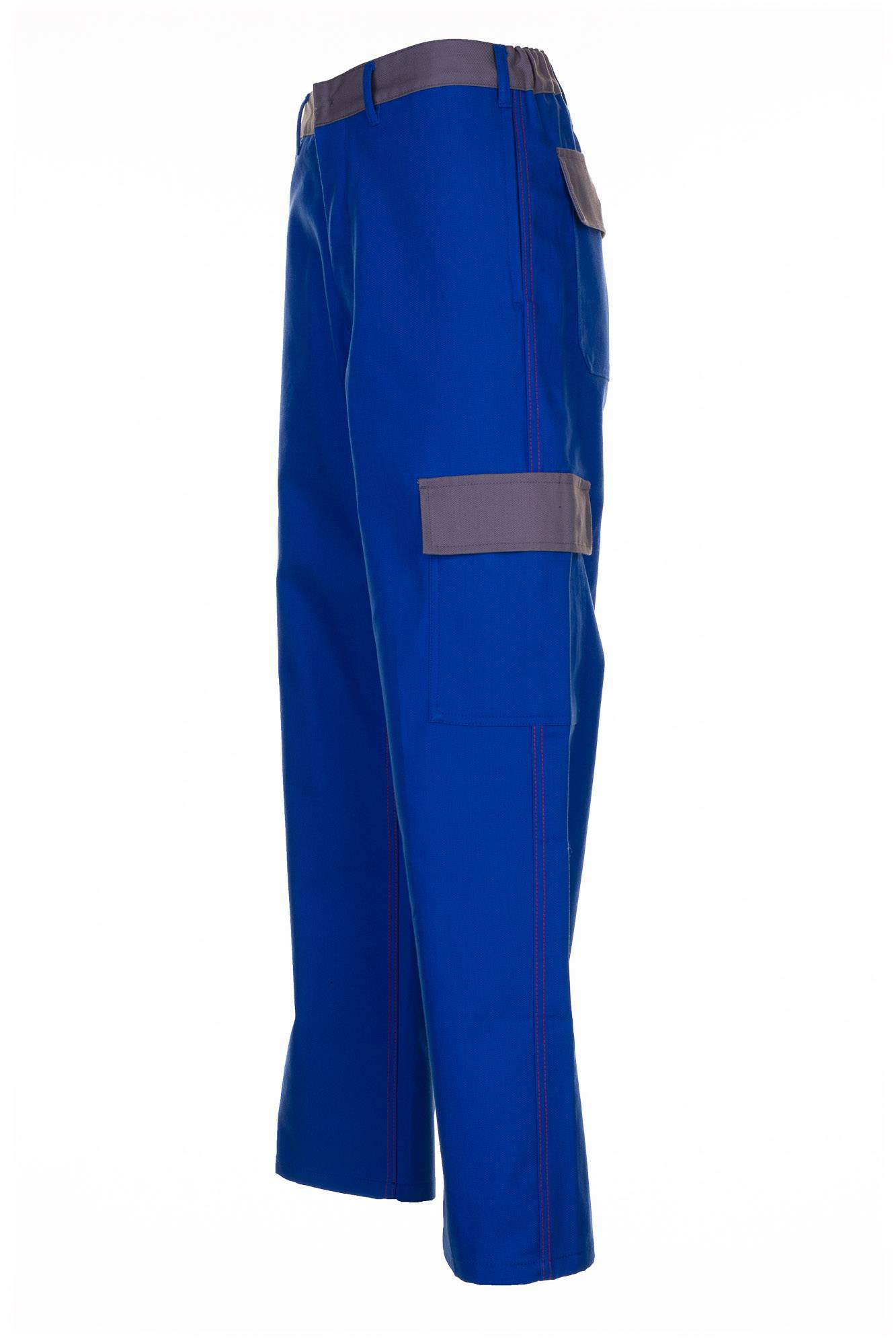 Blaue Arbeitshose mit grauen Reflektorstreifen, auf weißem Hintergrund dargestellt.