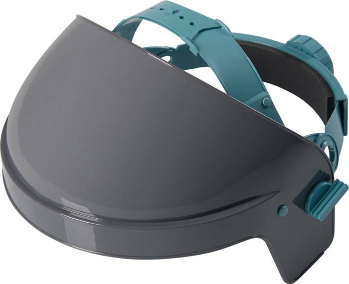 Ein dunkel getöntes Sicherheitsgesichtsschild mit einem verstellbaren petrolblauen Kopfband, das zum Schutz vor Stößen und Spritzern entwickelt wurde.