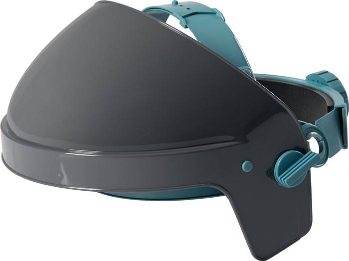 Ein schwarzer Gesichtsschutz mit einem verstellbaren blauen Riemen und einem schwenkbaren grünen Knopf an der Seite zum Sichern des Visiers.