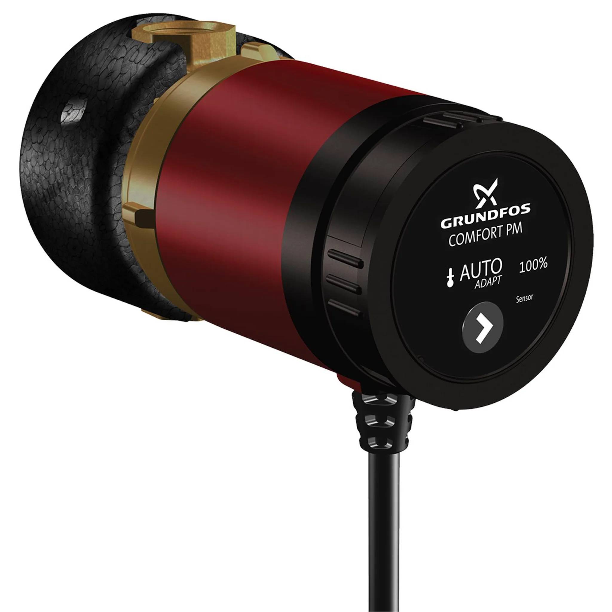 Runde rot-schwarze Grundfos Comfort PM Pumpe mit frontalem Display, das „AUTO ADAPT