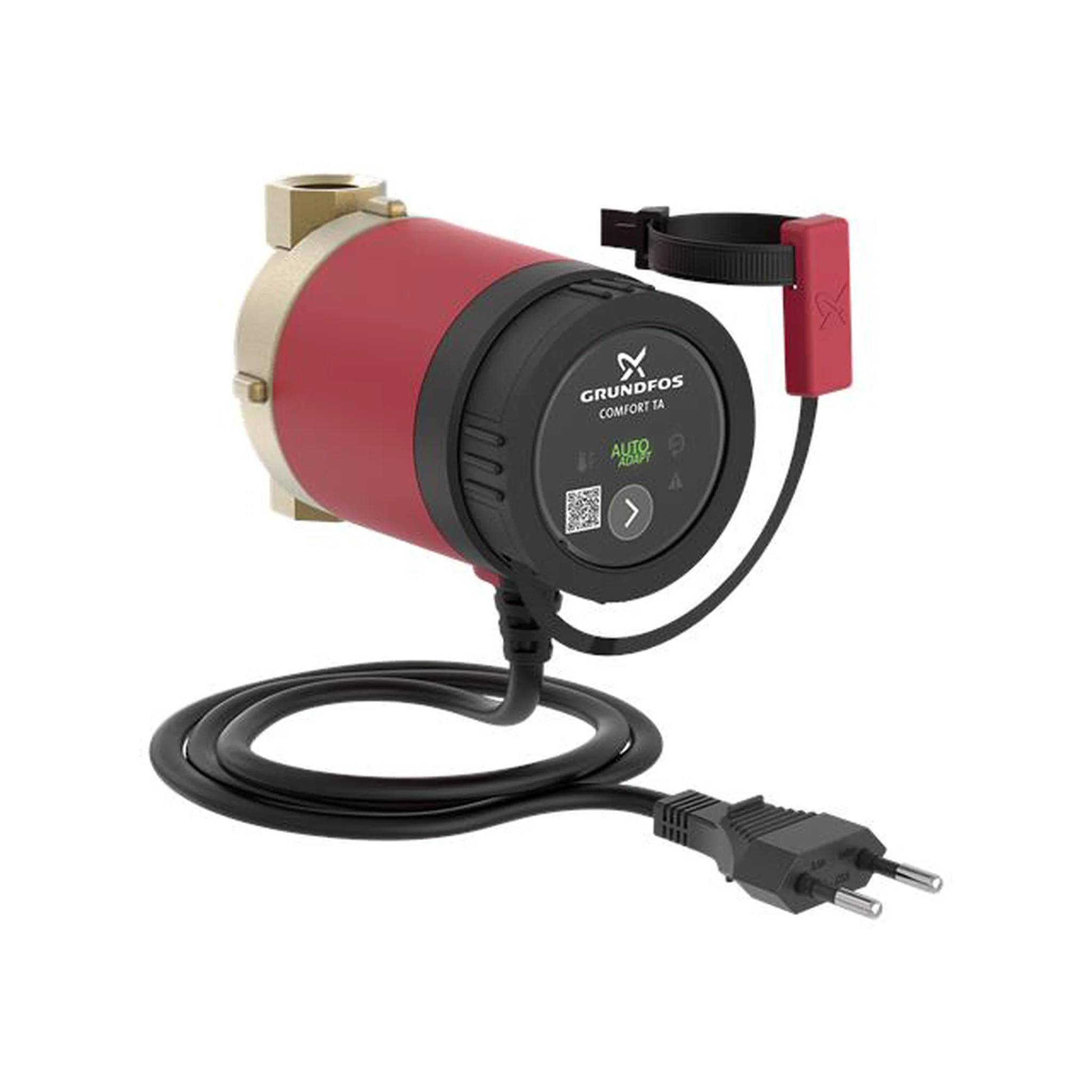 Grundfos COMFORT TA Umwälzpumpe mit Stromkabel und Stecker, dargestellt auf weißem Hintergrund.