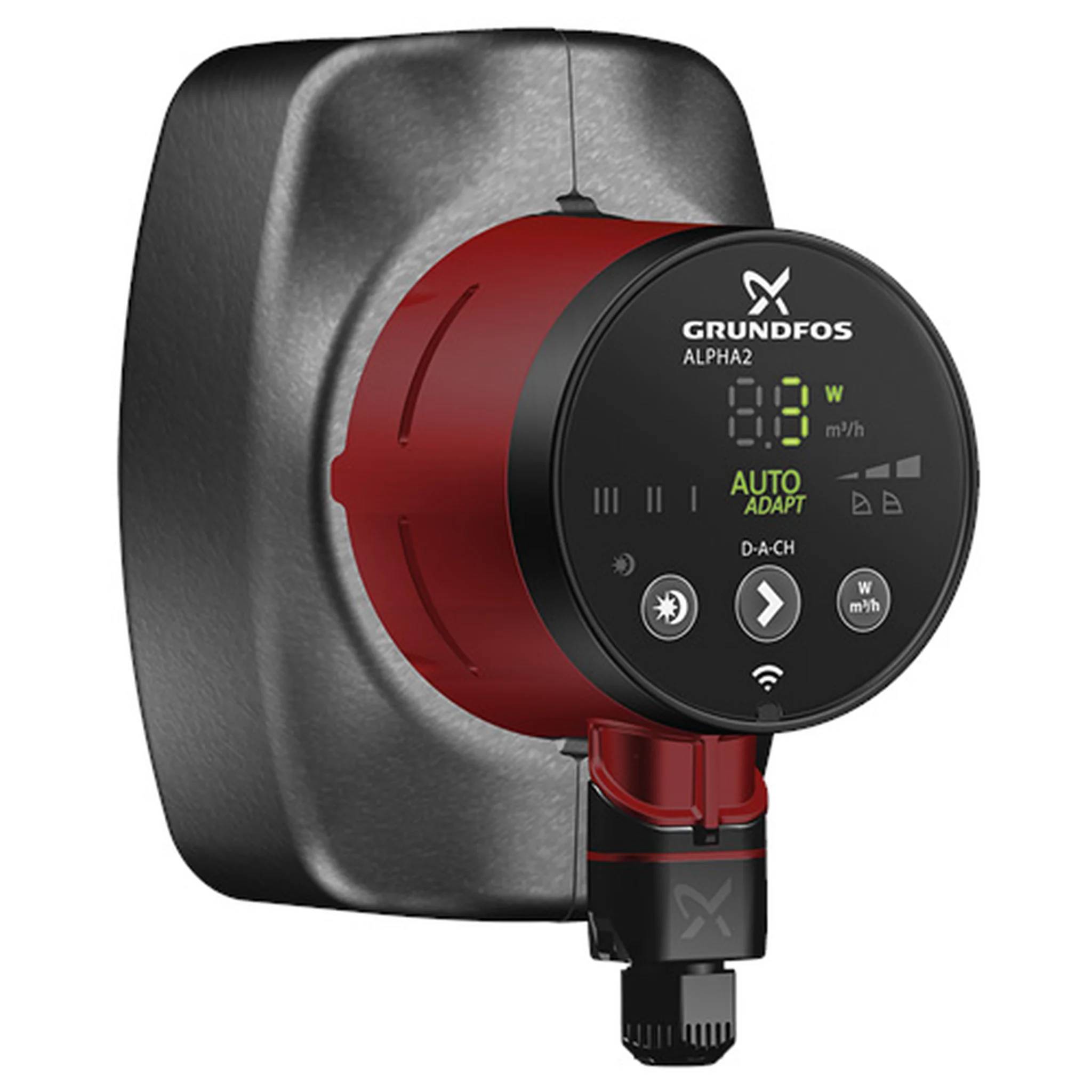 Nahaufnahme einer Grundfos ALPHA2 Umwälzpumpe mit digitaler Steueranzeige und rotem Gehäuse auf einer Wandhalterung.