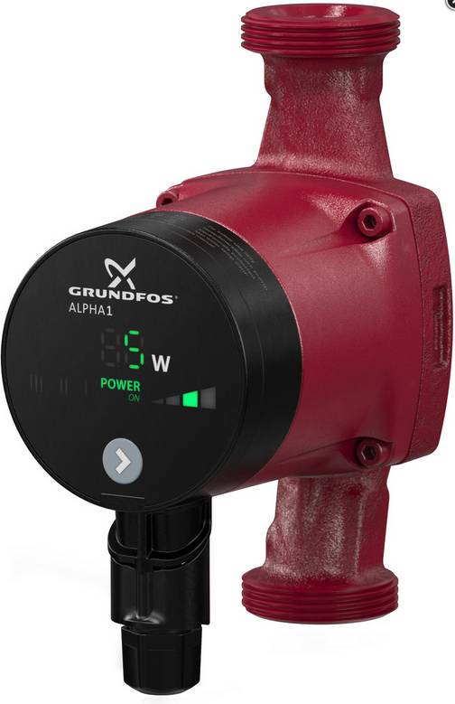 Rote Grundfos ALPHA1 Umwälzpumpe mit schwarzem digitalen Display, das Stromversorgung und Statusindikatoren anzeigt.