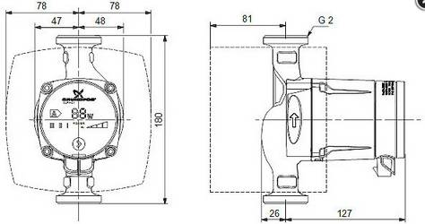 Technische Maßzeichnung einer kreisförmigen Vorrichtung von Vorder- und Seitenansicht, mit Schlüsselmessungen einschließlich 78, 47, 48, 81, 127, 180 und G 2 Anschlussgeometrie.