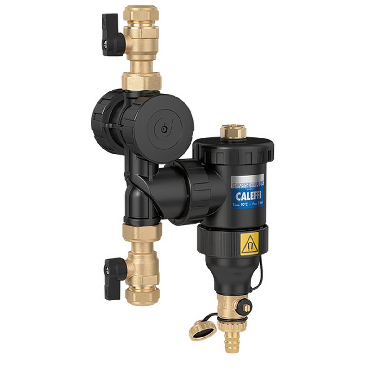 Schwarze und messingfarbene Caleffi-Sanitärventilbaugruppe mit Absperrventilen und Drainageverschraubung auf weißem Hintergrund.