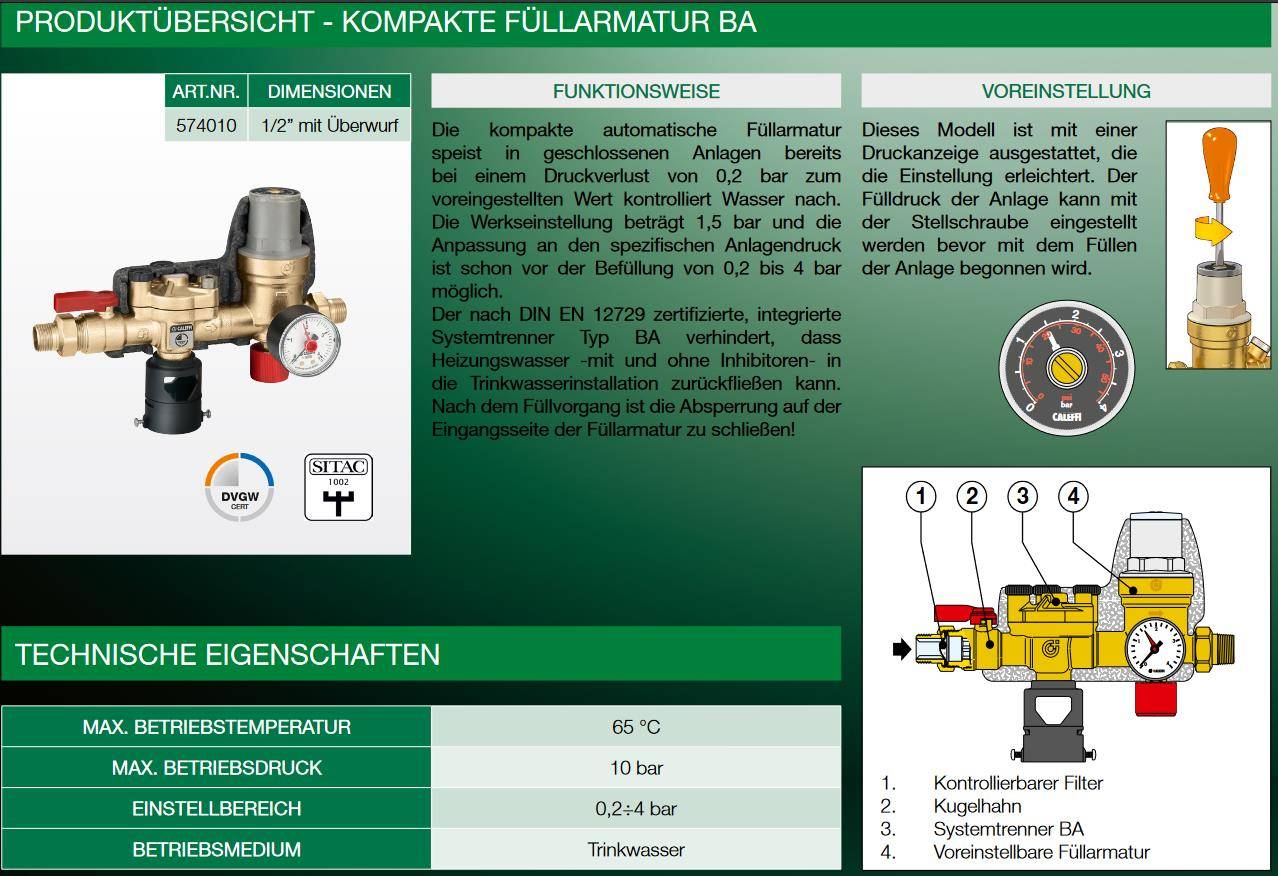 Caleffi 574 Kompakte automatische Füllarmatur mit Systemtrenner Typ BA 1/2"