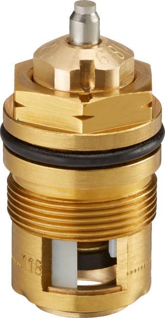 Messing-Thermostat-Heizkörperventil-Kartusche mit Gewindesockel, schwarzem O-Ring und Metallstift oben.