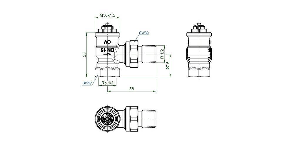 Oventrop Thermostatventil Baureihe AV 9 M 30 x 1,5, PN 10, Eck DN 15