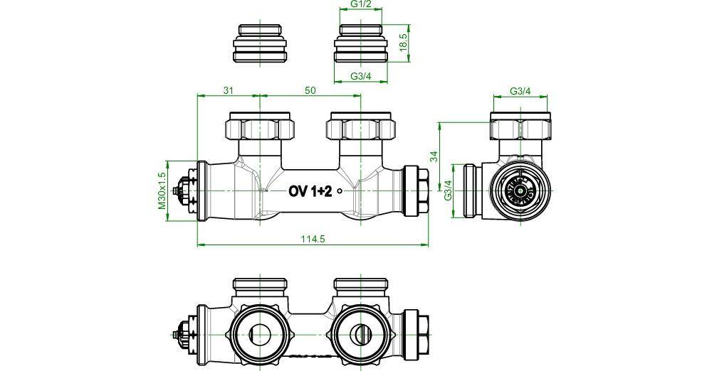 Oventrop OV Anschlussarmatur Multiblock T an Heizkrper Eckform, mit