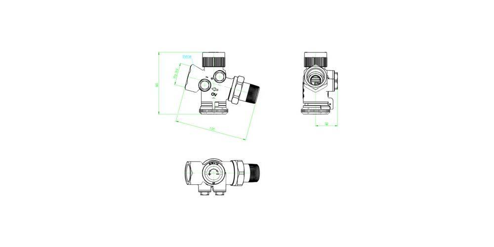 Technische Zeichnung eines mechanischen Fotoapparats oder optischen Geräts dargestellt in drei Ansichten: Schrägansicht, Vorderansicht und Seitenansicht.