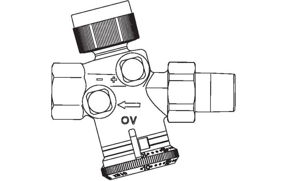 Schwarz-weißwissenschaftliche Zeichnung eines Ventils oder mechanischen Verschraubung mit Seitentöpfen, Pfeilen und dem Etikett 'OV' zur Angabe der Durchflussrichtung oder Ausrichtung.