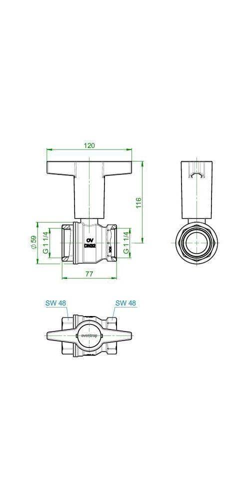 Oventrop OV Knebelgriff-Kugelhahn Optibal PN 16, Messing DN 32, 1