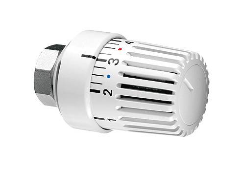 Weißes thermostatisches Heizkörperventil mit nummeriertem Temperaturdrehknopf und Metallarmatur, dargestellt auf einem schlichten weißen Hintergrund.