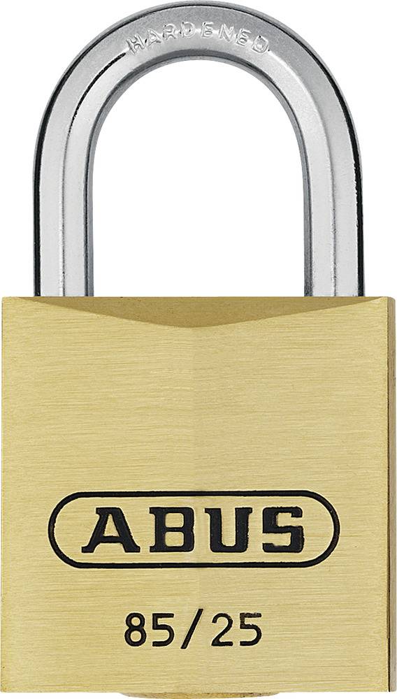 Messingschloss von ABUS mit silberfarbenem Bügel, auf der Vorderseite mit „85/25