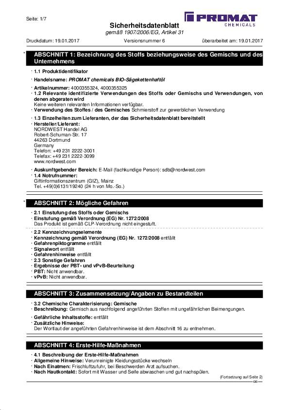 Sägekettenhaftöl BIO 52 mm²/s (bei 40GradC) 5l Kanister PROMAT CHEMICALS
