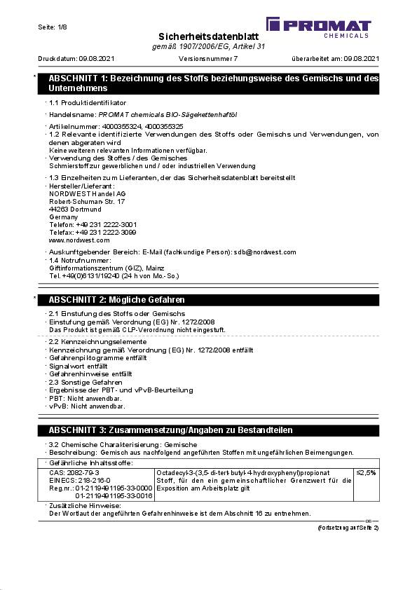 Sägekettenhaftöl BIO 52 mm²/s (bei 40GradC) 5l Kanister PROMAT CHEMICALS