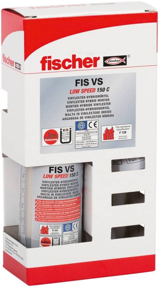 Fischer FIS VS Low Speed 150 C' Vinylesterharz Hybrid-Mörtel Verpackung mit Zertifizierungen, Warnhinweisen und Produktinformationen.