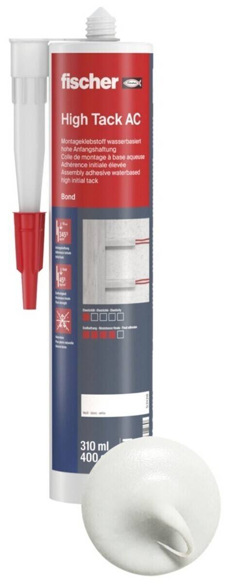 Rote und weiße Verpackung für Klebstoffprodukt mit Text wie ‚hohe Anfangshaftung Bond', Bildern von Anwendungswinkeln und Diagrammen.