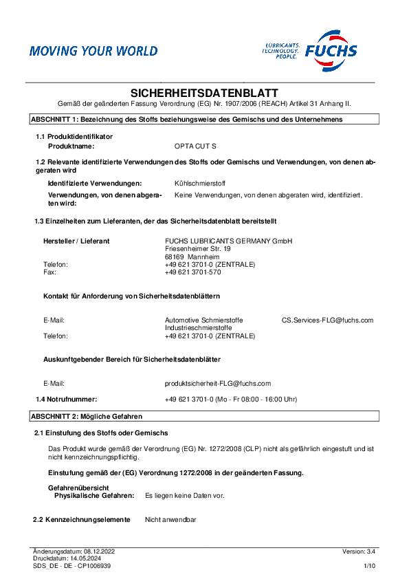 Spezialschneidöl Cut S DVGW 5l DVGW Kanister OPTA