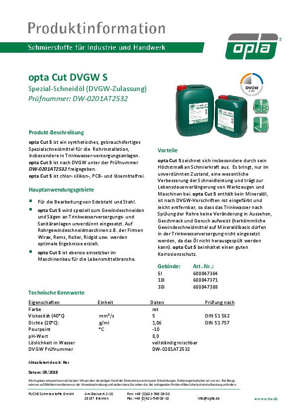 Spezialschneidöl Cut S DVGW 5l DVGW Kanister OPTA