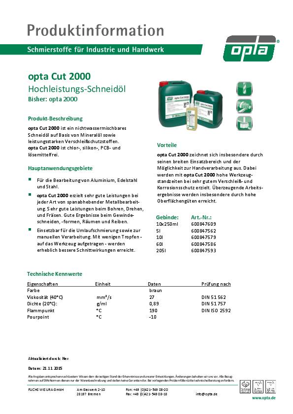 Hochleistungsschneidöl Cut 2000 5l Kanister OPTA