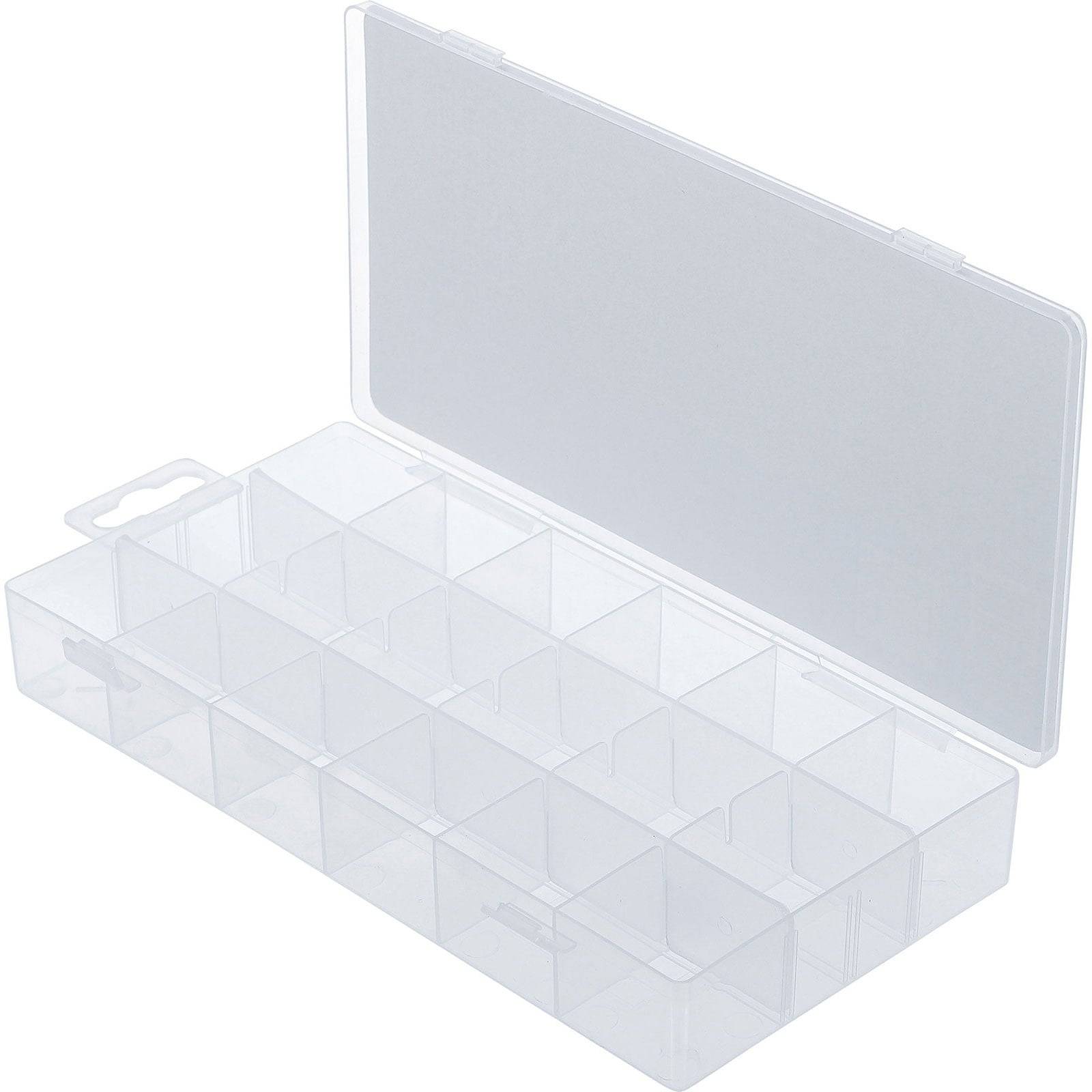 Eine transparente Kunststoff-Aufbewahrungsbox mit Deckel auf Scharnieren, die mehrere Fächer zum Aufbewahren kleiner Gegenstände aufweist, ist geöffnet zu sehen.