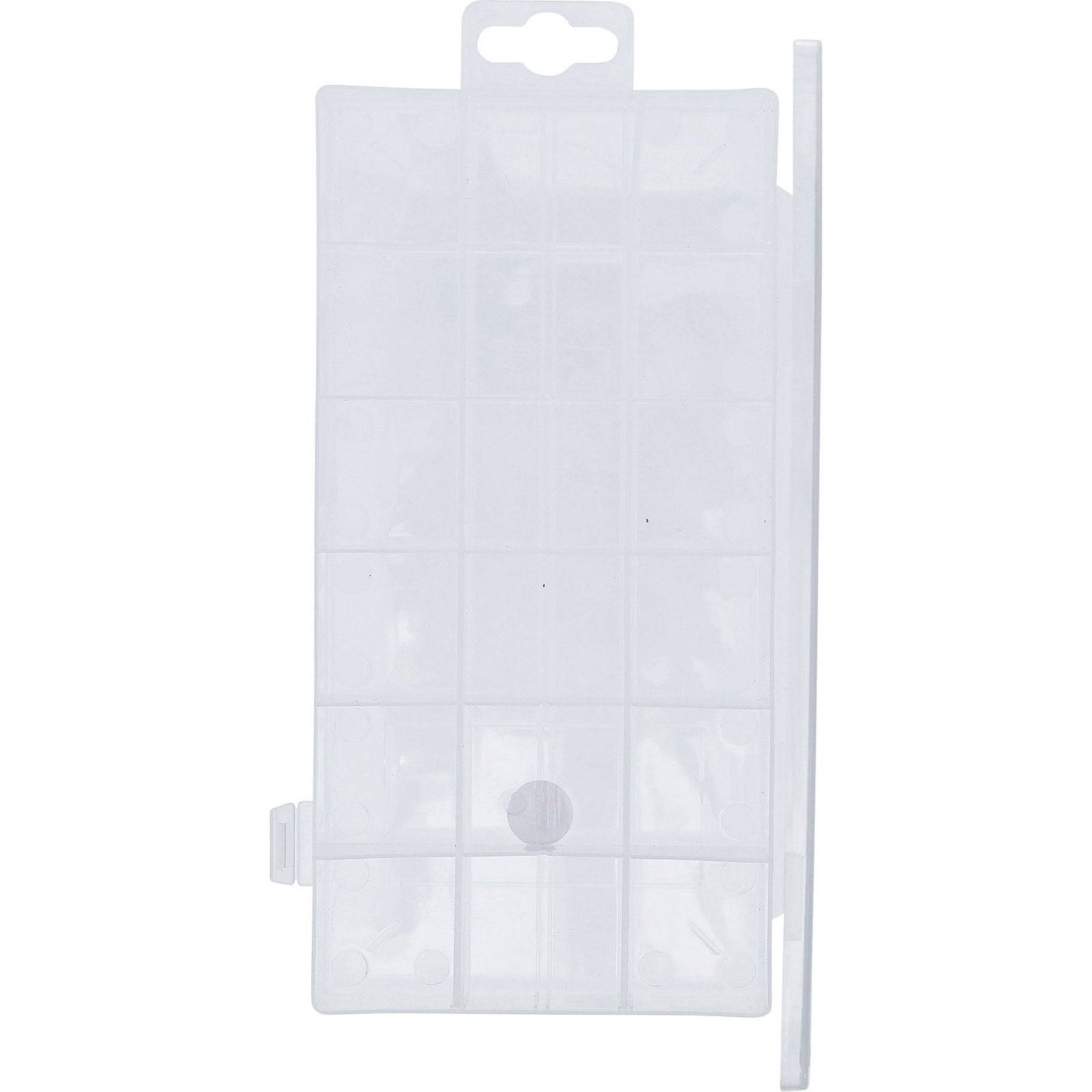 Ein transparenter, rechteckiger, unterteilter Aufbewahrungsbehälterdeckel mit einem Griff und einem Verschluss an der Seite zur sicheren Verriegelung, verwendet zum Organisieren von Gegenständen.