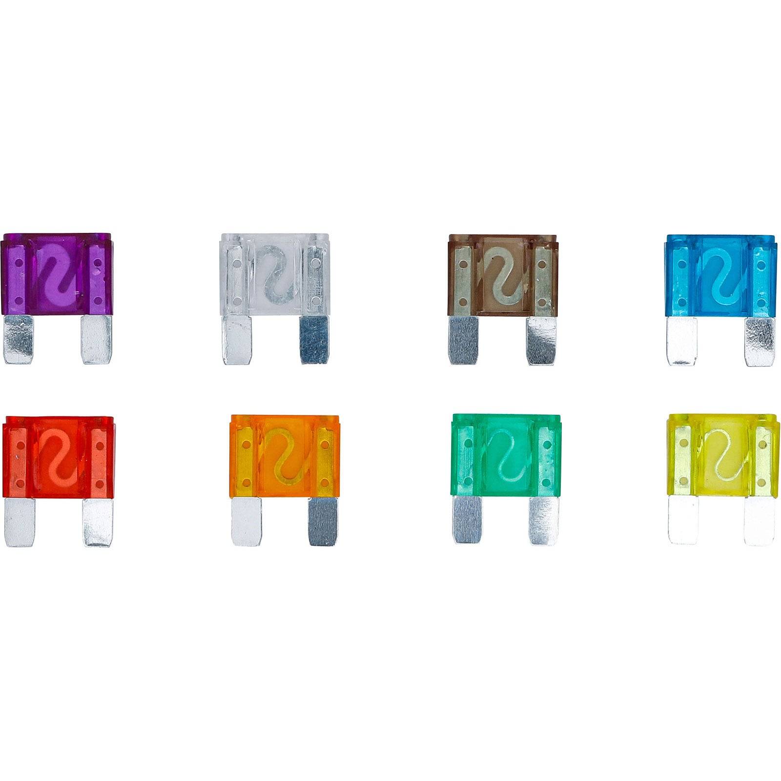 Acht Automotive-Sicherungen in verschiedenen Farben und Amperebewertungen, in zwei Reihen angeordnet, zum Schutz von Fahrzeug-Elektrokreisen vor Überlastung.