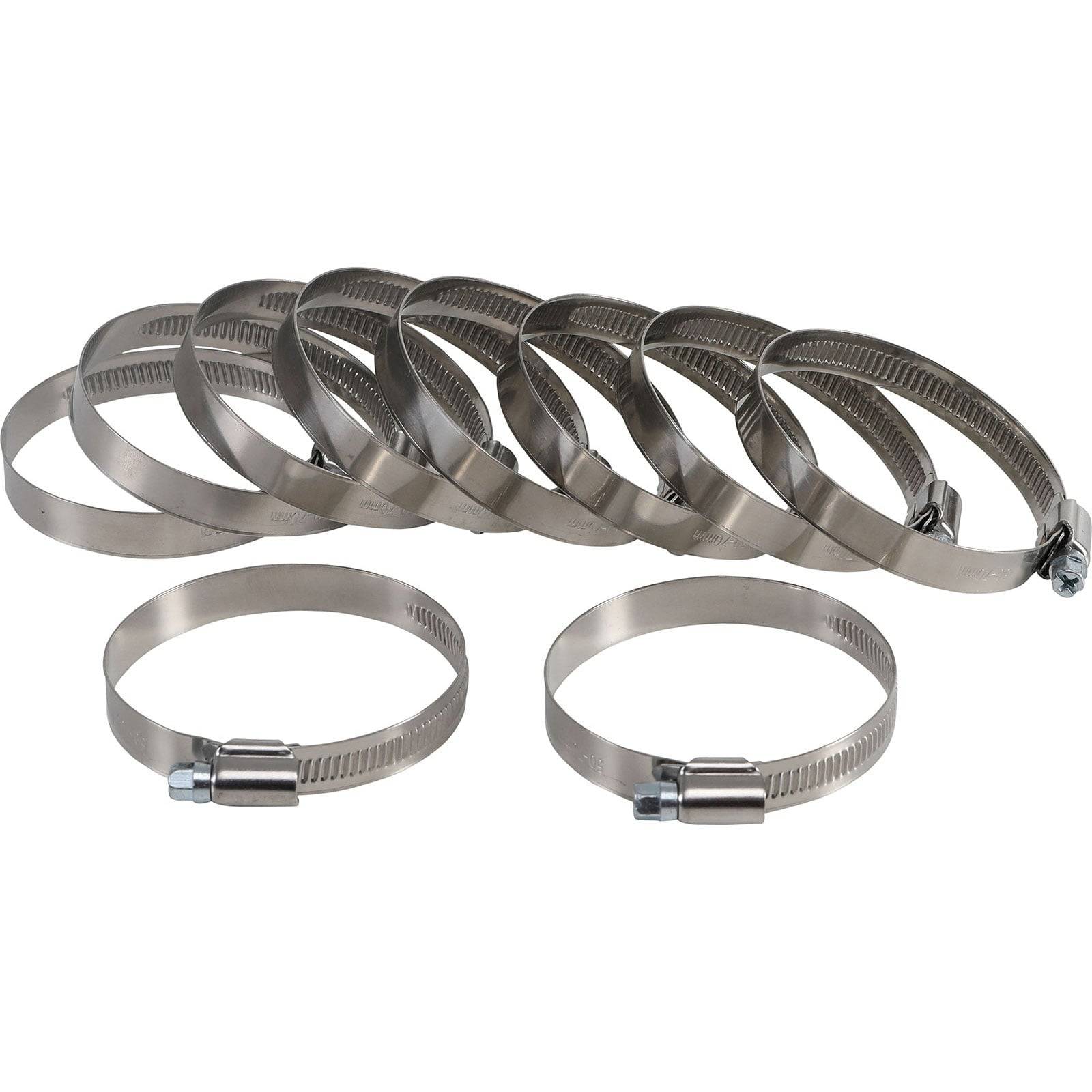 Eine Gruppe von zwölf metallischen Schlauchschellen, die in überlappenden Reihen angeordnet sind und zum Befestigen von Schläuchen in der Sanitär- oder Automobilindustrie verwendet werden.