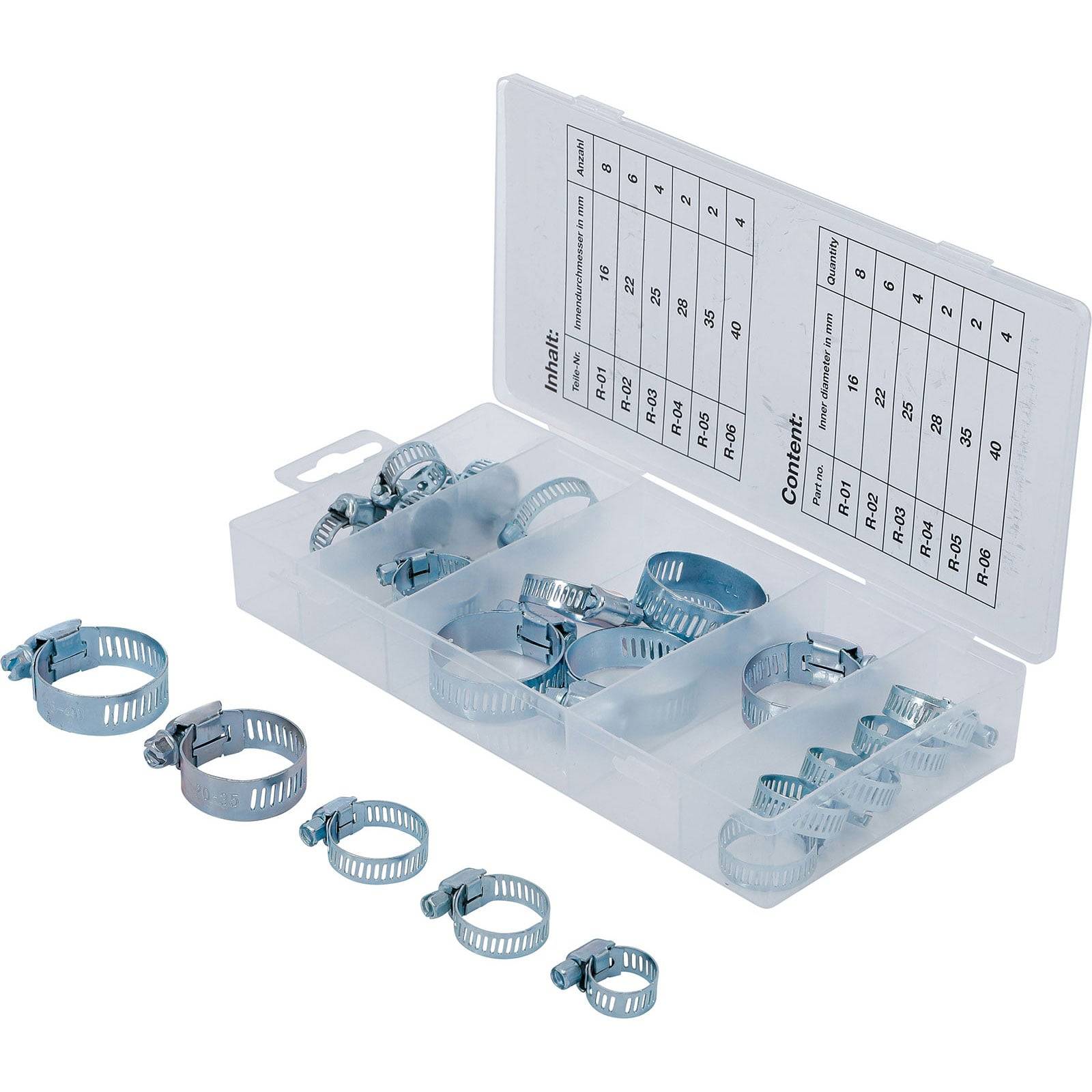 Verschiedene Metallschlauchschellen unterschiedlicher Größen, die in einer offenen Plastikaufbewahrungsbox mit einer Größentabelle im Deckel ausgestellt sind.
