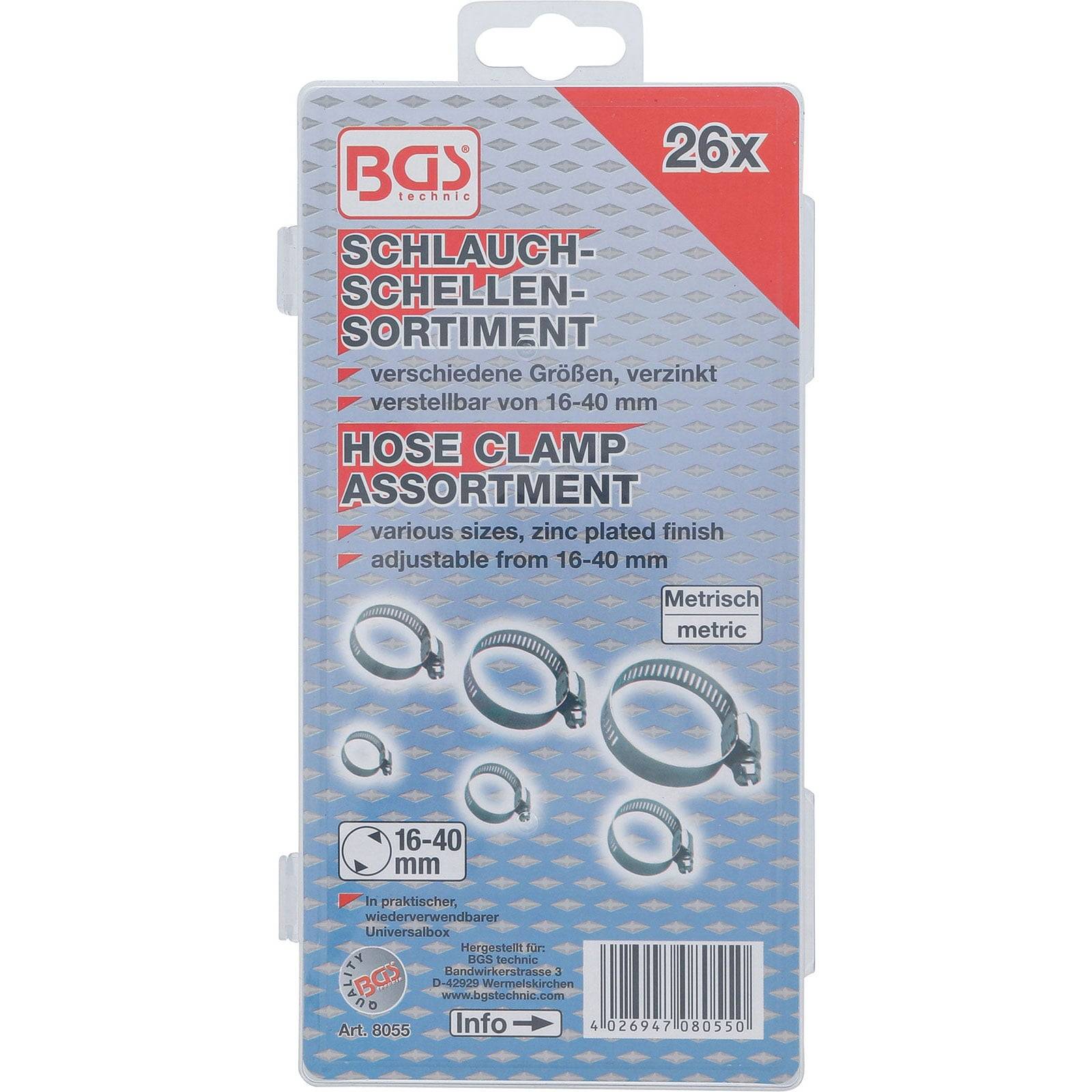 Packung mit 26 Schlauchschellen in verschiedenen Größen von 16-40 mm, verzinkt, verstellbar. Inklusive metrischer Maßangaben und Markierung.