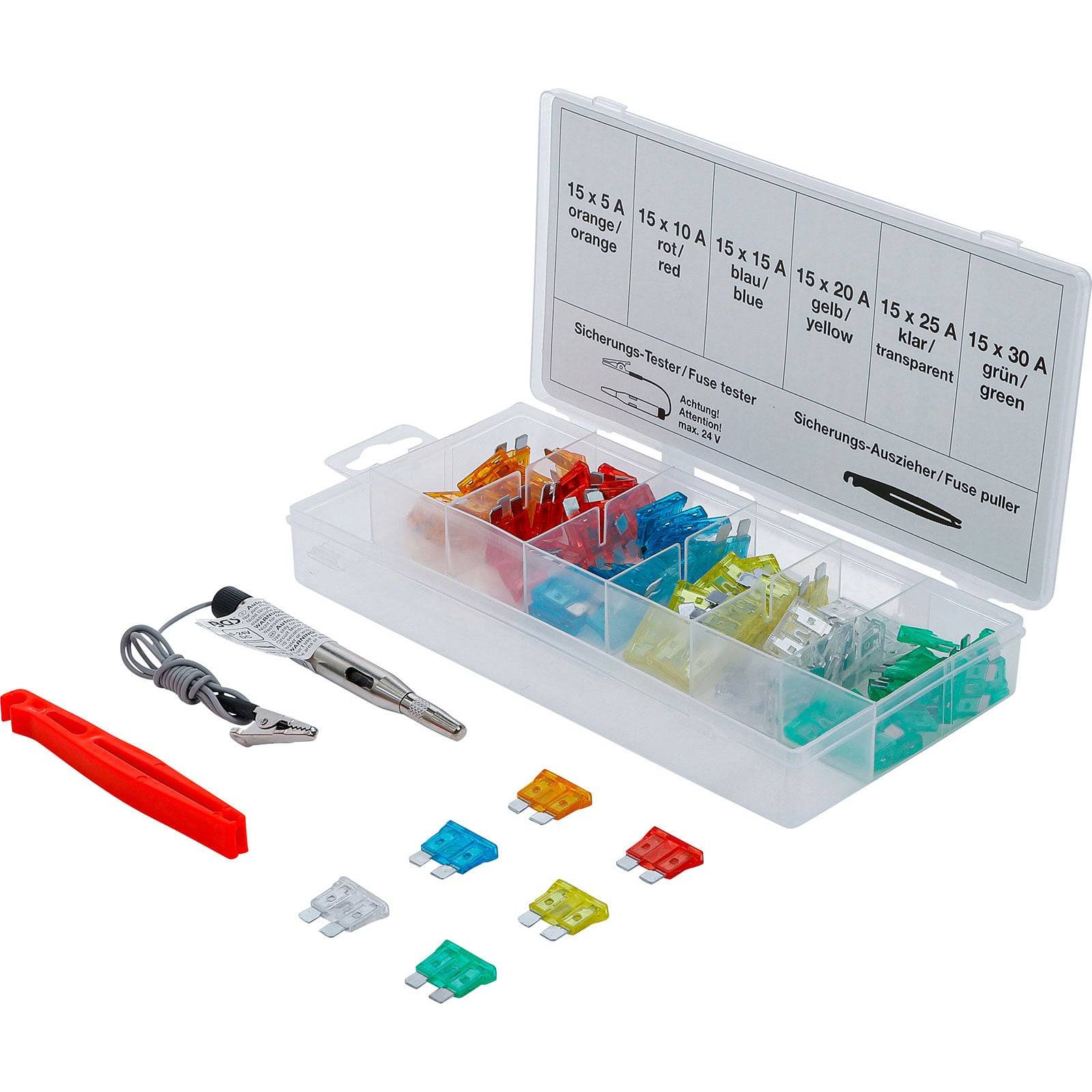 Schachtel mit sortierten Automotive-Sicherungen mit Beschriftungen, einem Sicherungszieher und einem Teststift daneben.