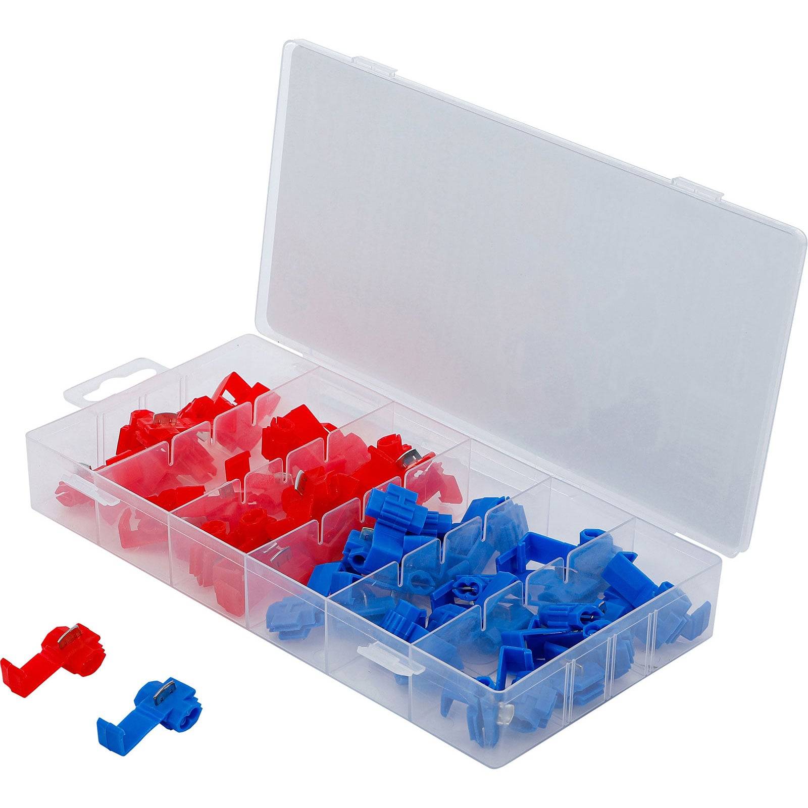 Eine transparente Kunststoff-Aufbewahrungsbox mit Fächern, gefüllt mit roten und blauen Klemmen für Kabelverbinder. Zwei Klemmen liegen außerhalb der Box.