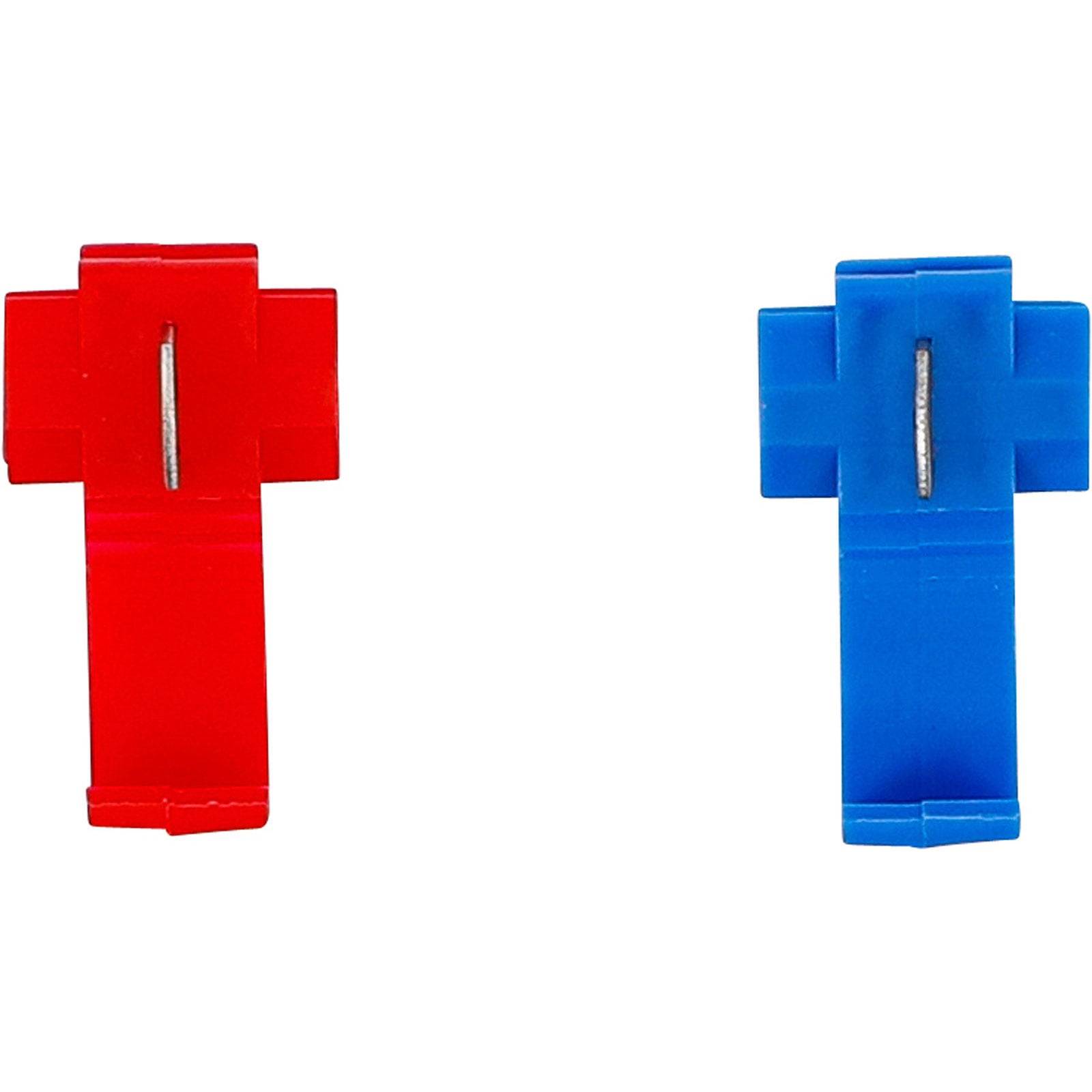 Zwei Kunststoff-kreuzförmige Objekte, eines rot und eines blau, jeweils mit einem zentralen Metallstift.