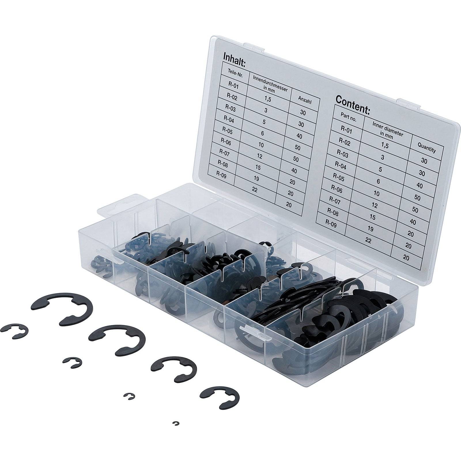 Eine transparente Plastikbox, die Sicherungsringe in verschiedenen Größen in Schwarz enthält, mit einer detaillierten Beschriftung, die die Größen und Mengen auflistet.