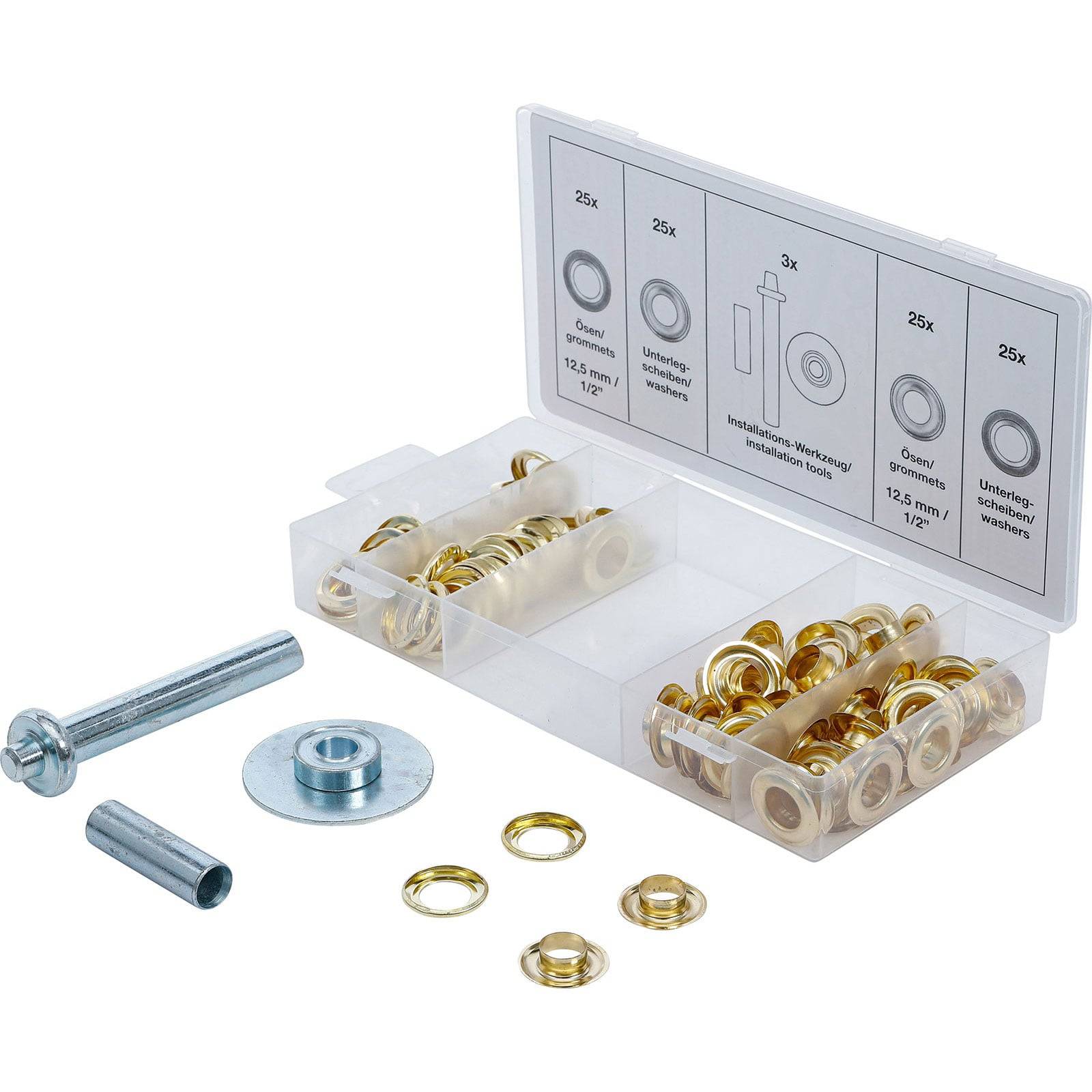 Ein Ösenset enthält eine transparente Plastikbox mit Ösen und Werkzeugen zur Installation. Die Box ist mit Größen und Mengenangaben beschriftet.