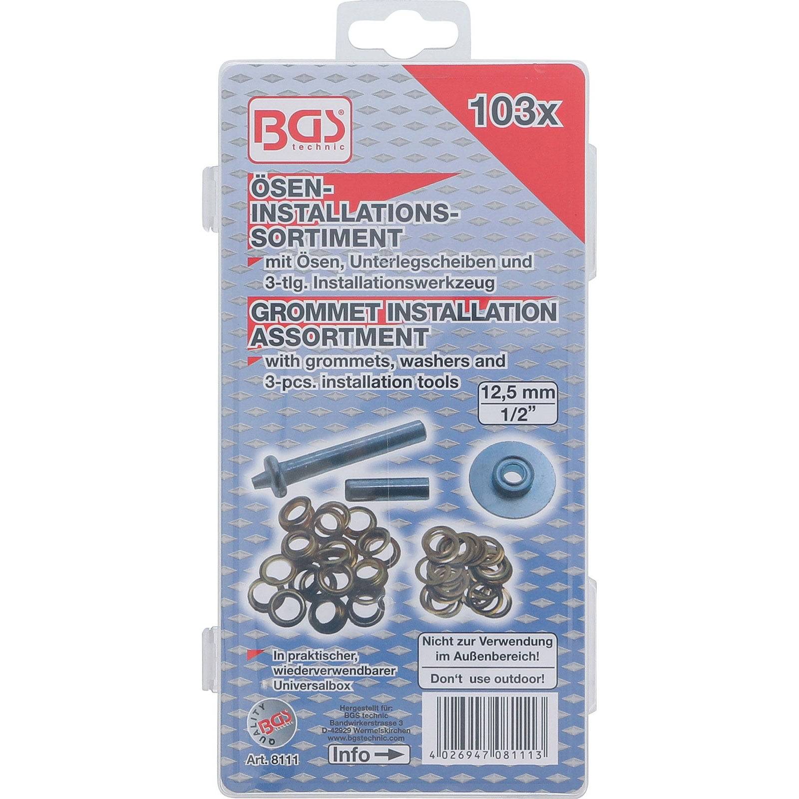 Satz zur Ösentinstallation von BGS umfasst Ösen, Unterlegscheiben und drei Installationswerkzeuge (12,5 mm, 1/2 Zoll).