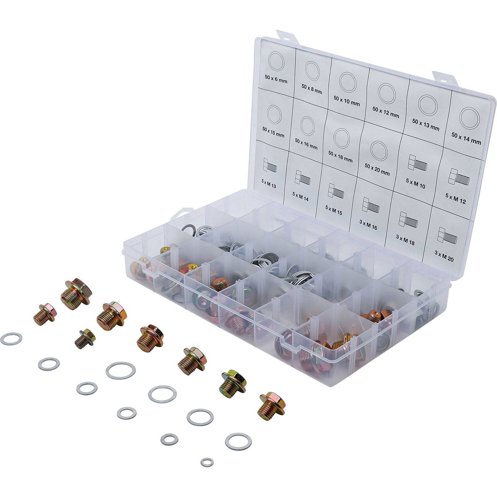 Eine Kunststoff-Aufbewahrungsbox mit beschrifteten Fächern enthält verschiedene Größen von Metallunterlegscheiben und Sechskantmuttern. Einige Unterlegscheiben und Muttern werden außerhalb der Box präsentiert.