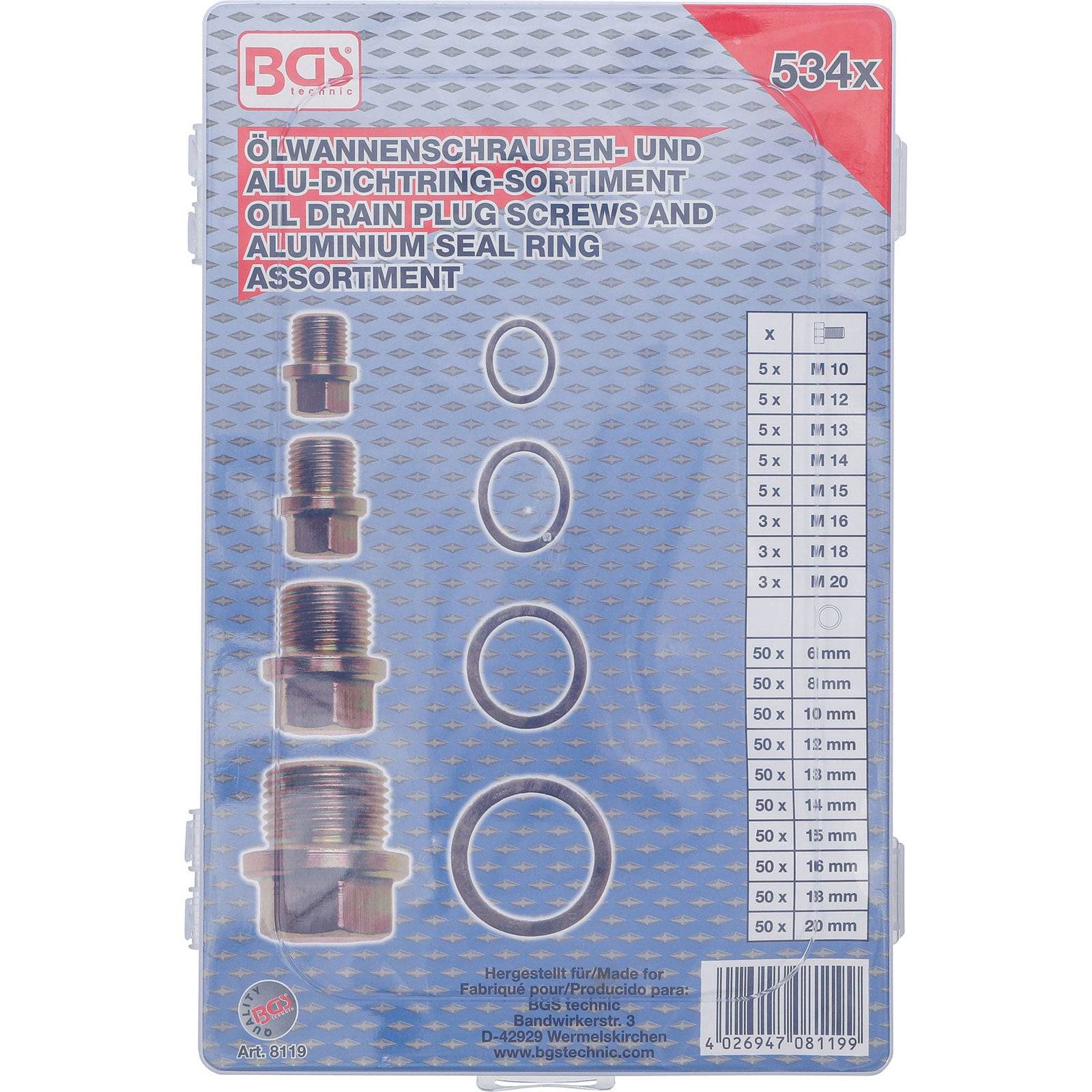 Ölablassschraube und Aluminium-Dichtungsring-Sortiment, 534 Stück.