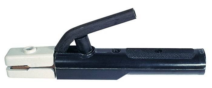 Ein Nahaufnahmebild eines schwarzen Elektrodenhalters, das seinen isolierten Griff und die Klemme zum Halten von Elektroden während des Schweißens zeigt.