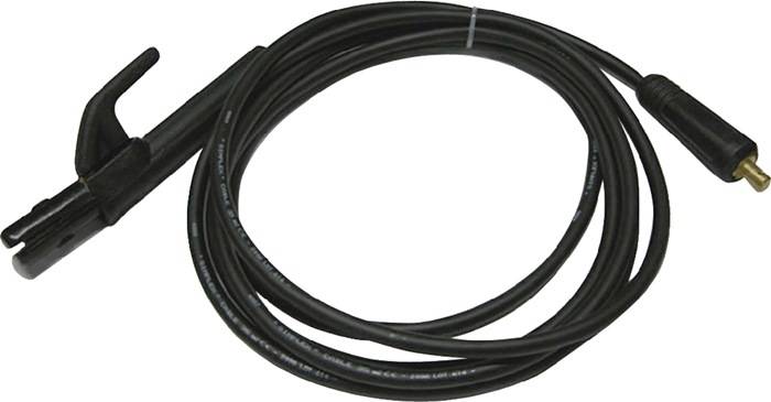 Schwarzes aufgerolltes Stromkabel mit einem Stecker an einem Ende und einem zweipoligen Stecker am anderen Ende, dargestellt auf weißem Hintergrund.